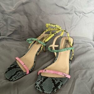 Steve Madden Pink, Green & Yellow Snake-Print Strappy Heels